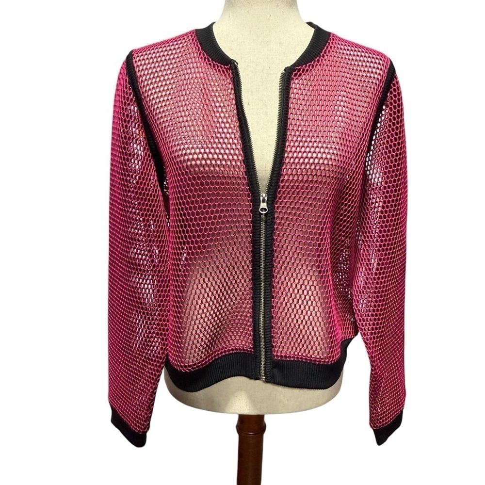 ANA Pink Mesh Bomber Jacket Zip Up Sz Petite XL Rave Modern Edgy Sporty Colorful